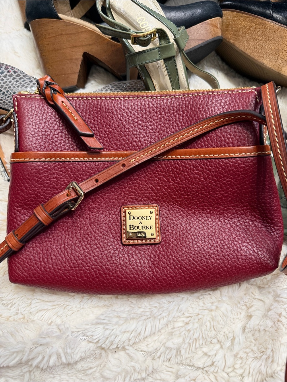 Dooney & Bourke Ginger pouchette burgundy Pebbled Leather Crossbody with Tan